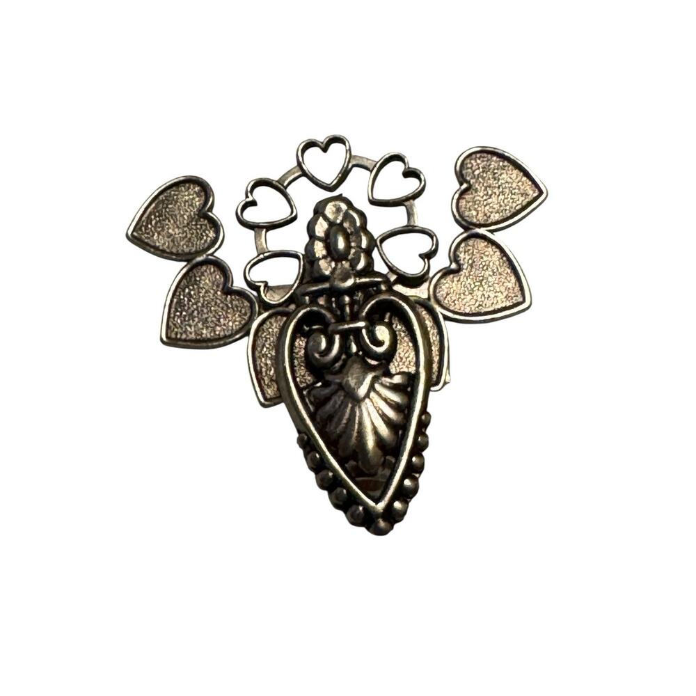Milagro Sacred Heart Brooch Pin Flower and Hearts Openwork Lightweight Costume